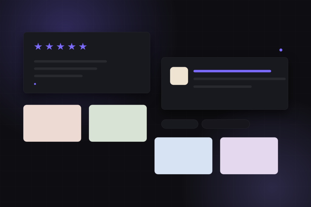 Article cover in the ChatPrompt Genius palette: a five-star review card beside a reply panel, five stars and pastel tiles representing the prompt-pack library.