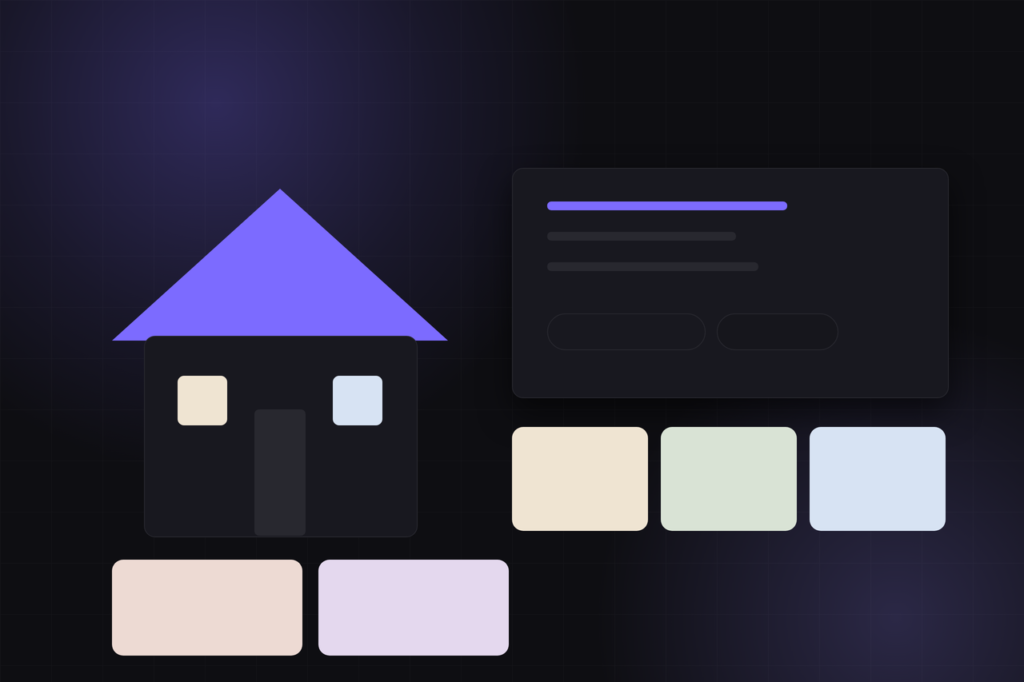 Article cover in the ChatPrompt Genius palette: a gabled roof above a house block beside an estimate panel, with pastel packs and violet buttons.